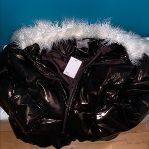 ASOS Brown Shiny Puffer Jacket with White Faux Fur